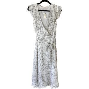 Vintage Betsey Johnson White Navy Blue Silk Polka Dot Faux Wrap Dress Size 8